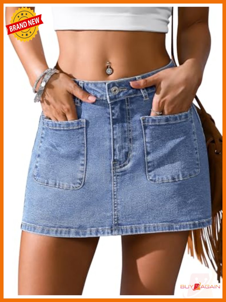 High Stretch Denim Mini Skort With Shorts And Pockets